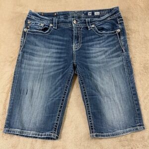 Miss Me Mid-Rise Easy Bermuda Denim Shorts Women Size 32(35) Blue Embroidery EUC